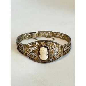 Italian 800 Silver Gilt Filigree Cameo Bracelet 1940s 56 GE Merlo Sebastiano F.l